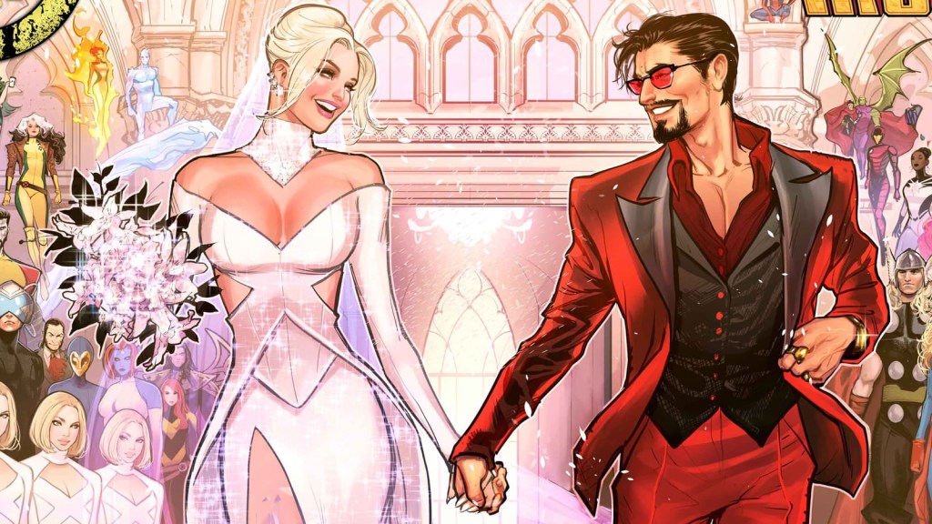 Emma Frost and Tony Stark walking down the aisle on Marvel Comics' connecting covers for their wedding crossover.