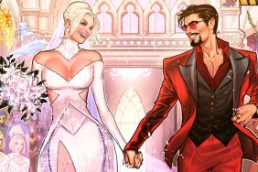 Emma Frost and Tony Stark walking down the aisle on Marvel Comics' connecting covers for their wedding crossover.