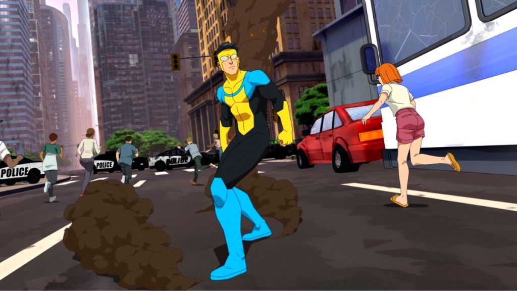 Invincible skidding to a halt on the street surrounded by panicking citizens