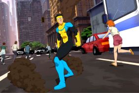 Invincible skidding to a halt on the street surrounded by panicking citizens