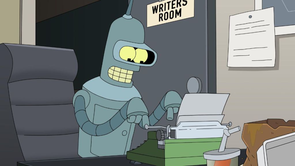 Bender using a typewriter while sitting at a desk