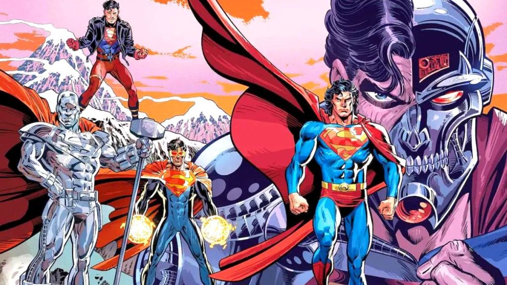 Superboy, Steel, The Eradicator, Superman and Cyborg Superman standing at the ready