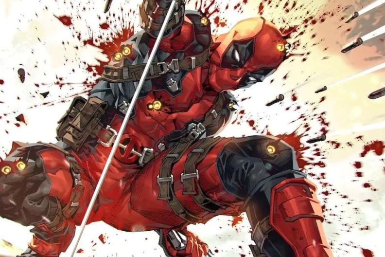Deadpool getting hit by a hail of bullets