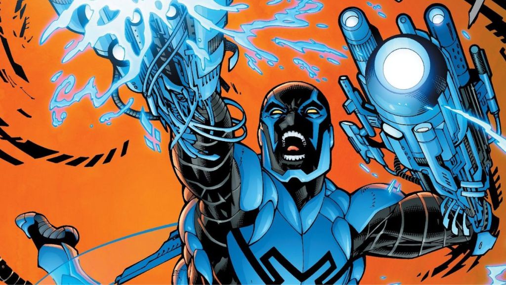 Blue Beetle firing his arm cannons.