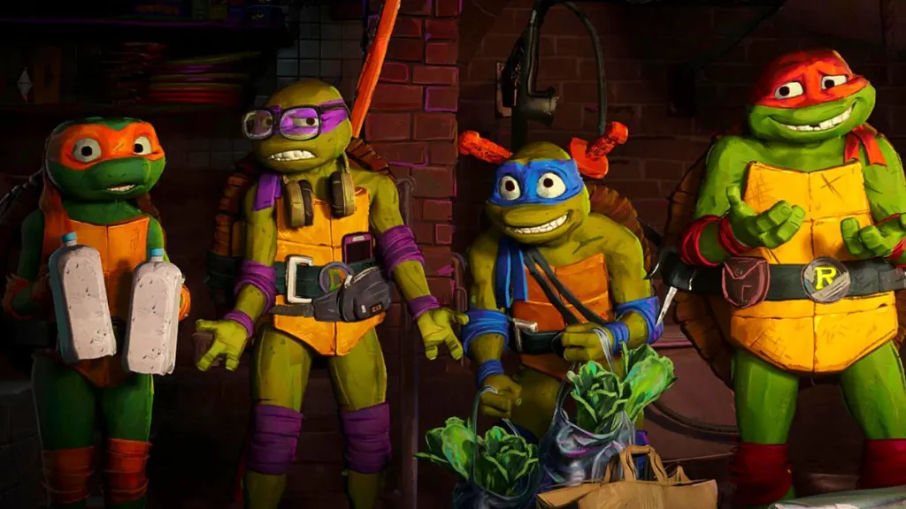 The four Teenage Mutant Ninja Turtles in Mutant Mayhem