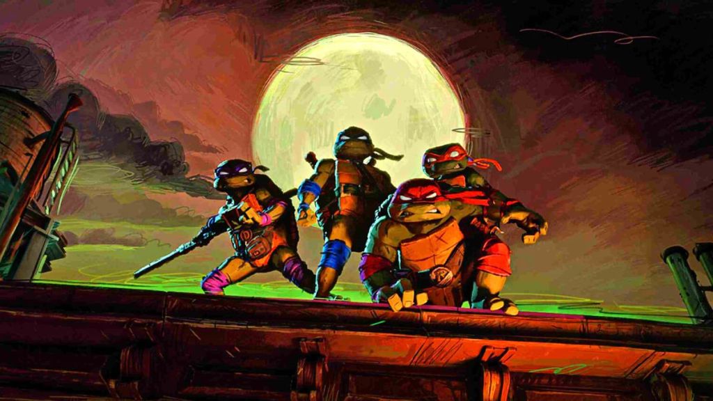 The TMNT on a rooftop looking fearsome in Mutant Mayhem