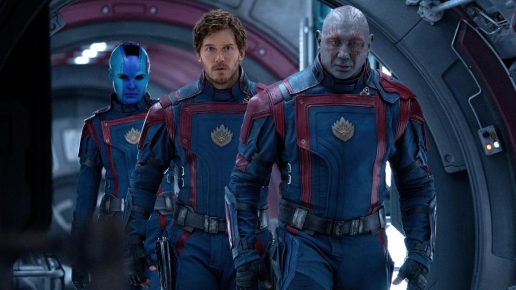 Nebula, Peter Quill and Drax in GOTG Vol. 3.
