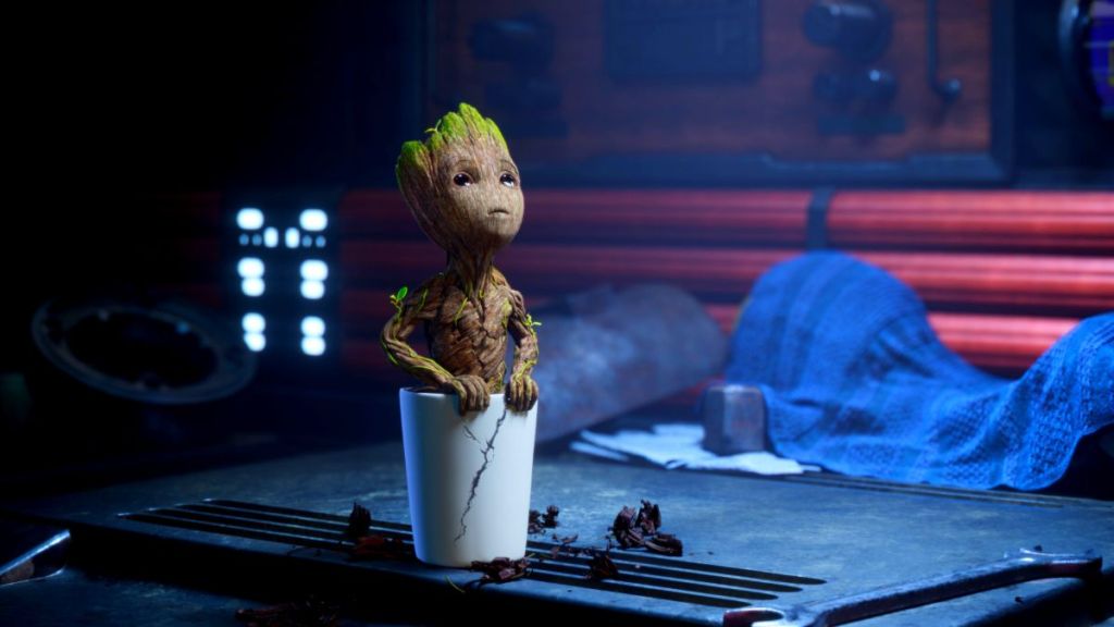 Baby Groot sitting in a flower pot