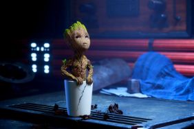 Baby Groot sitting in a flower pot