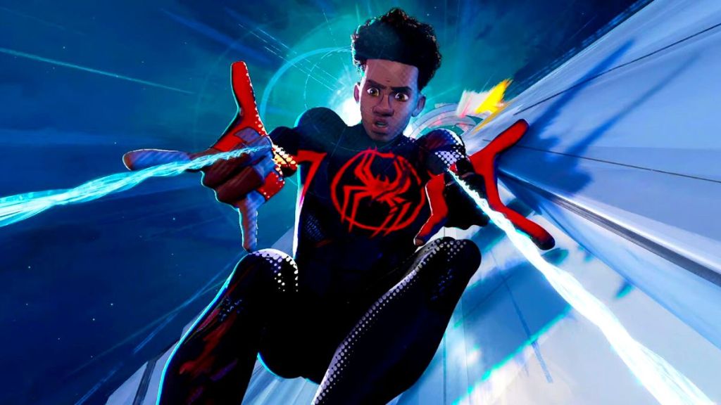 Miles Morales shooting webs in Across the Spider-Verse