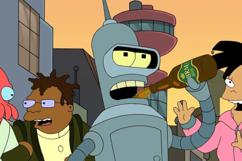 Bending drinking a beer with the rest of the Futurama cast