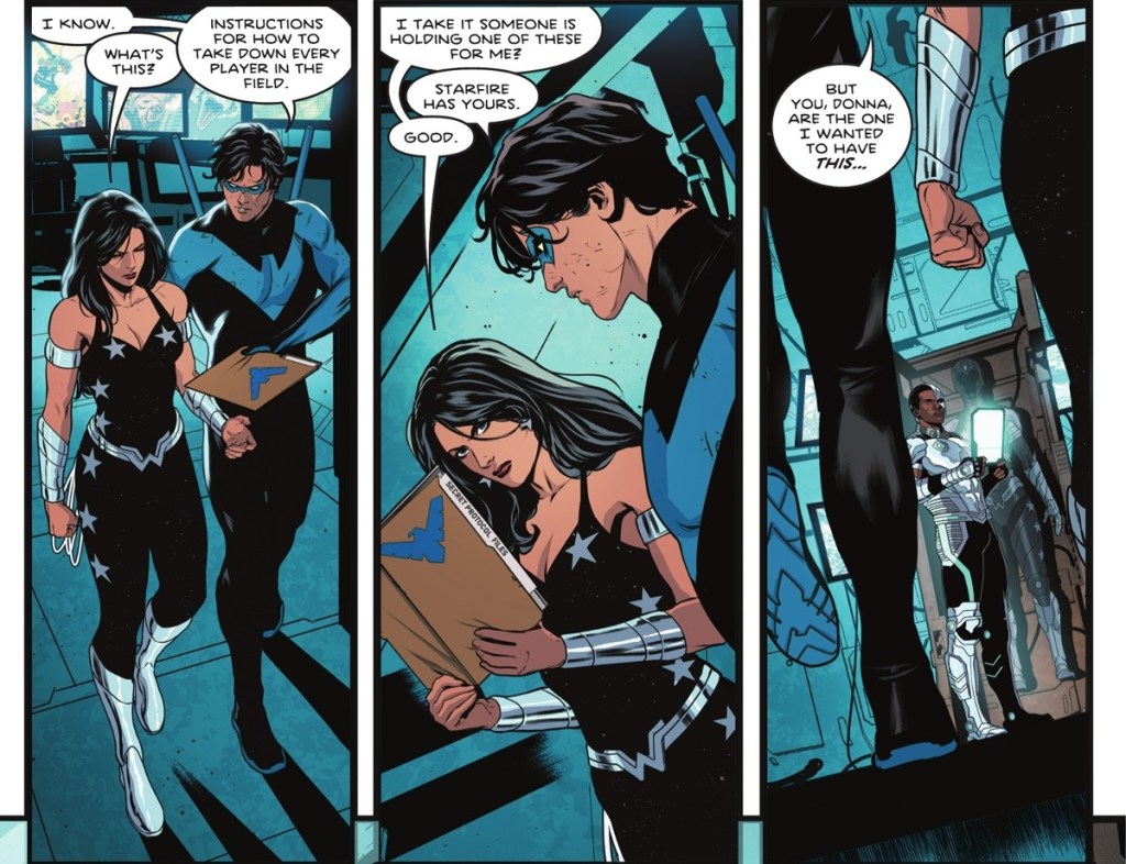 Nightwing reveals battle plans to Donna Troy in Titans Beast World