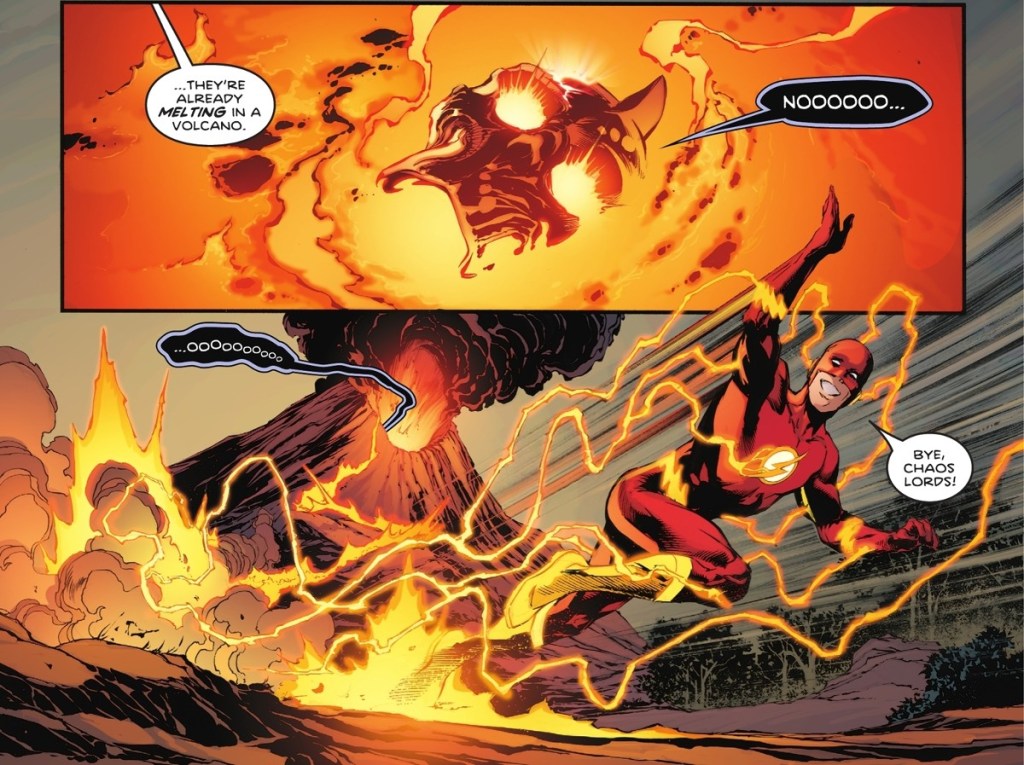 The Flash Throws Helm of Hate into Volcano