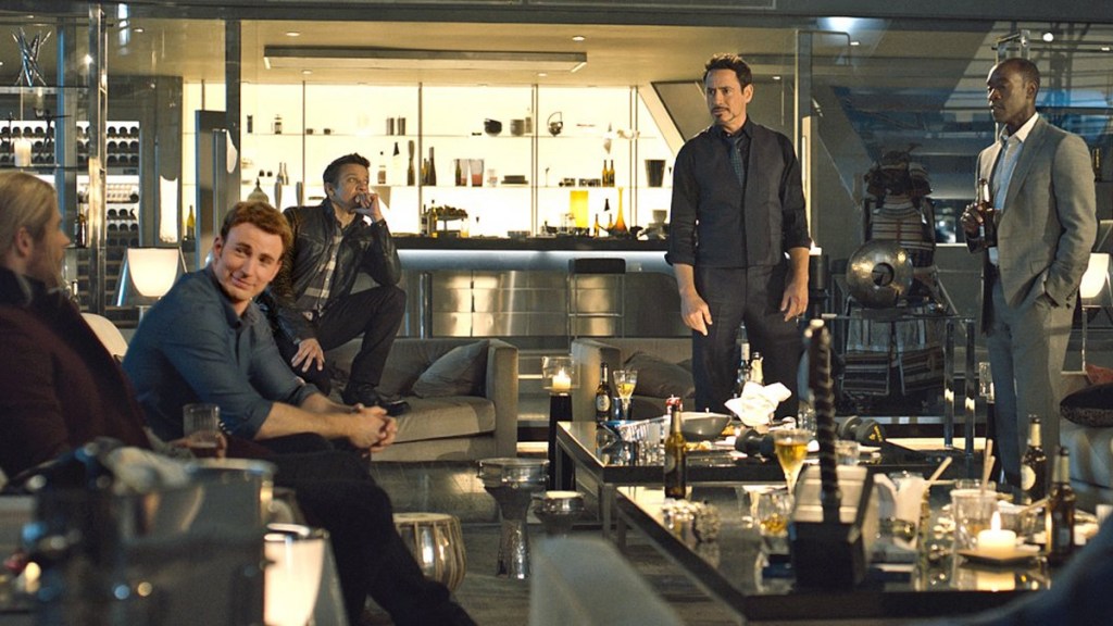 Thor, Steve Rogers, Clint Barton, Tony Stark, and James Rhodes hang out after a party in Avengers Tower in Age of Ultron.