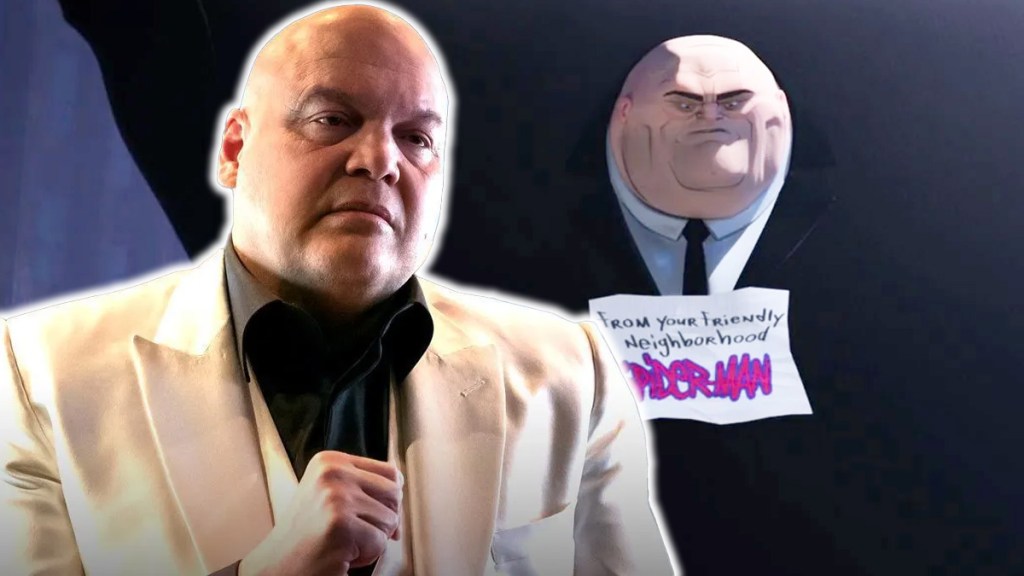 Composite image featuring Vincent D'Onofrio's Kingpin and Into the Spider-Verse's Kingpin.
