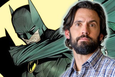 A composite image of Batman and Milo Ventimiglia from This Is Us.