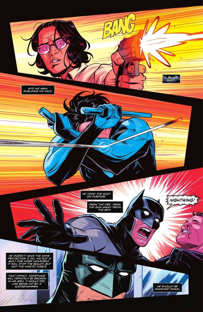 Batman observes Nightwing armor in action