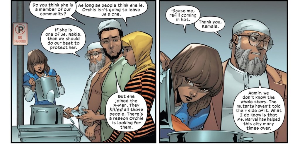 Ms. Marvel overhears people talking about how they think she is still a hero