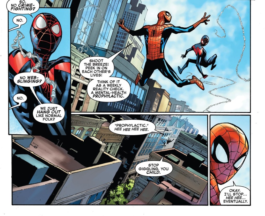Spectacular Spider-Man Peter Parker laughs at adolescent things