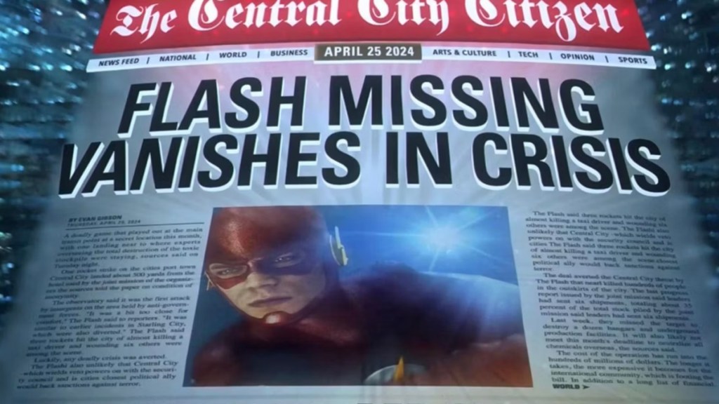The front page of The Central City Citizen on April 25, 2024, revealing that The Flash has vanished during a crisis.