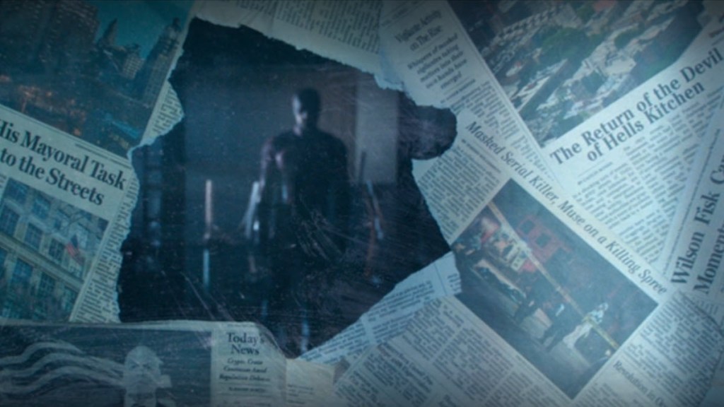Daredevil Born Again Season 1 finale shot through newspapers in window of Josie's Bar