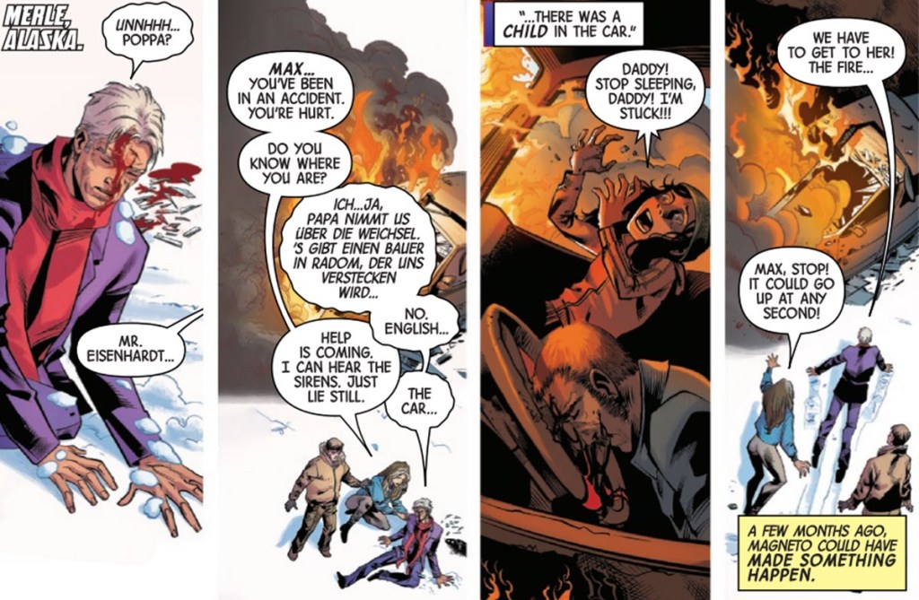 Magneto struggles to save a child from a car fire in X-Men Tooth and Claw