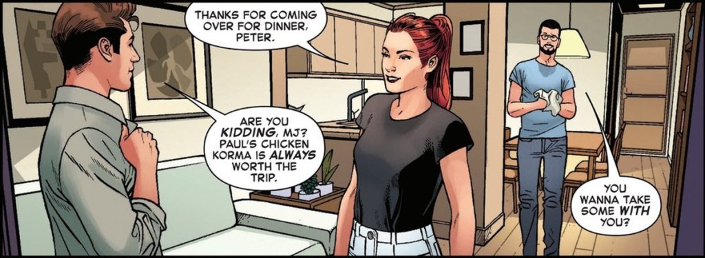 Peter Parker has dinner with Mary Jane and Paul