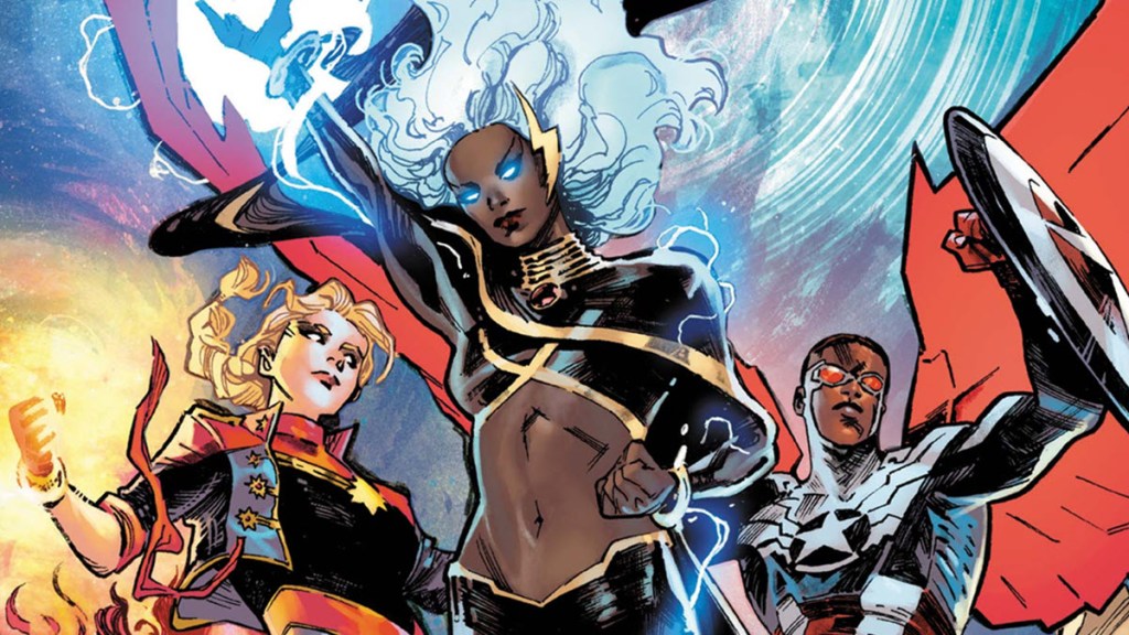Storm Captain Marvel and Captain America on Avengers 28 Cover