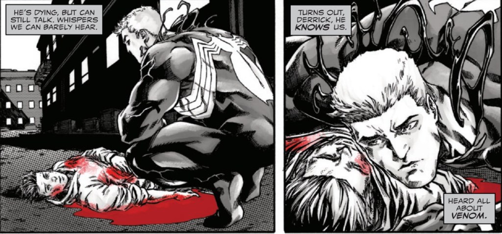 Venom finds wounded child in Venom Black White and Blood 1