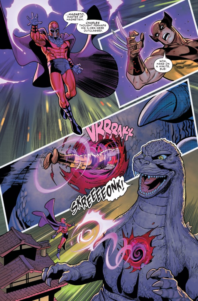 Godzilla fights Magneto and Wolverine