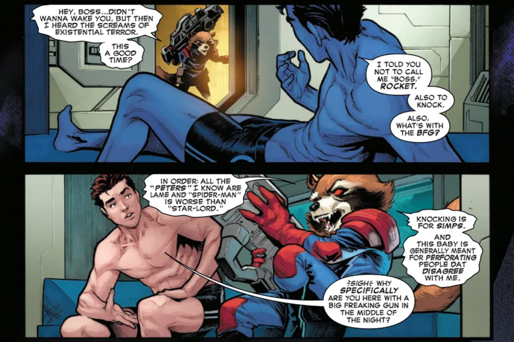 Spider-Man Peter Parker and Rocket Raccoon