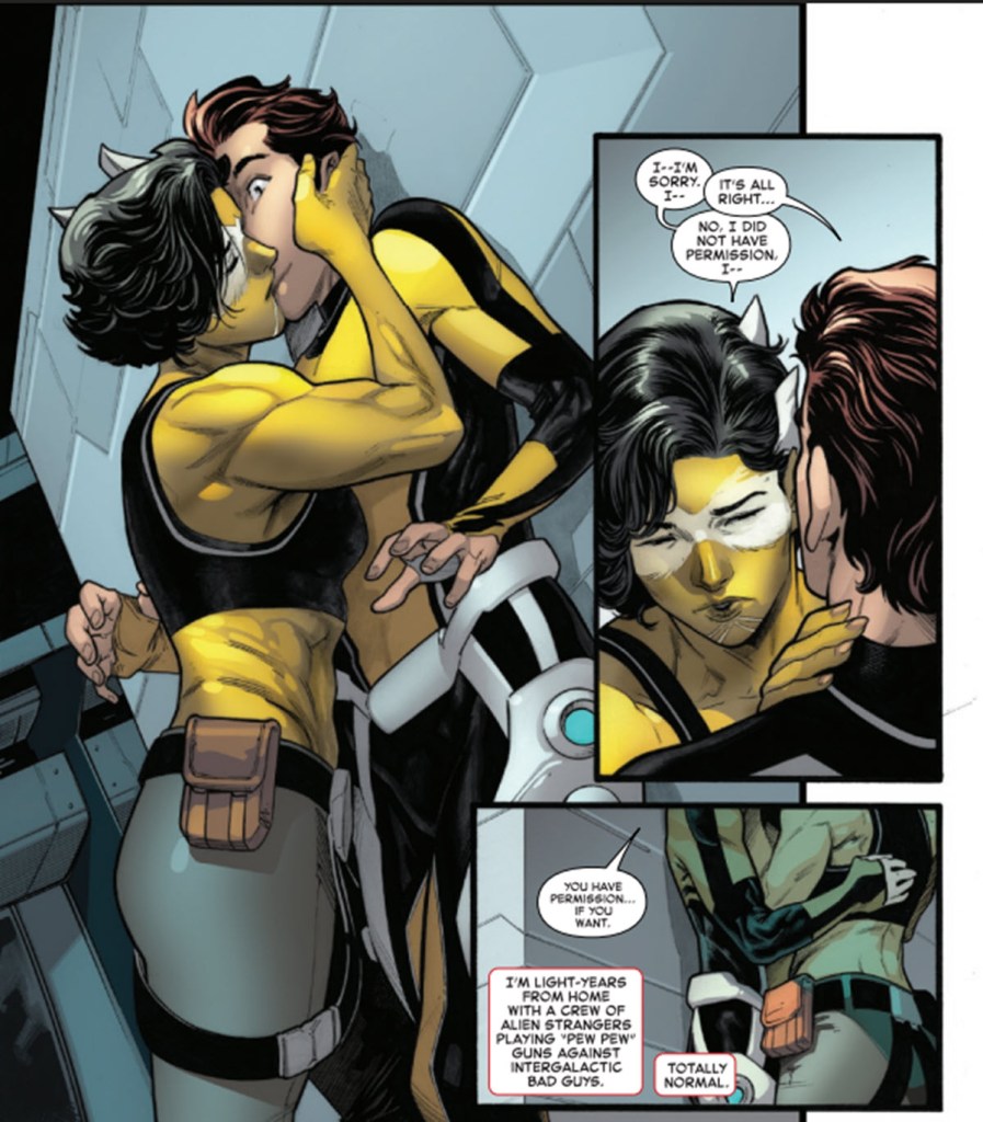 Spider-man kisses Raelith of the Wretched