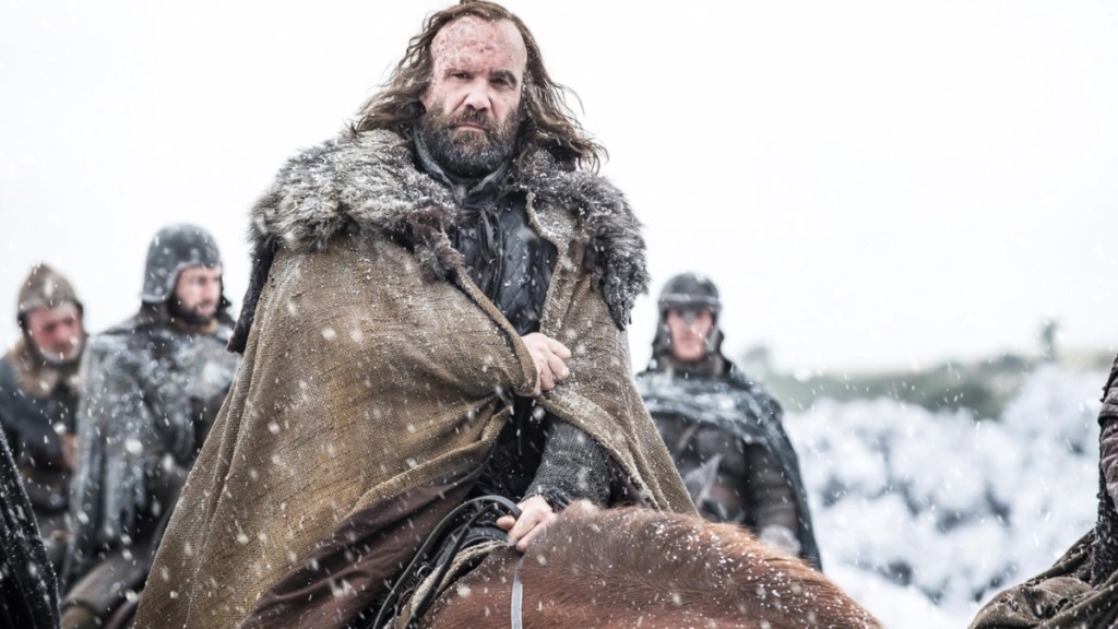 A man sits on a horse in Game of Thrones.