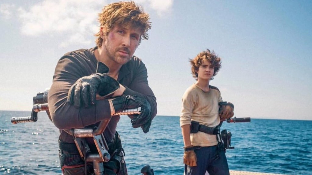 Ryan Gosling and a boy stare in Star Wars: Starfighter.