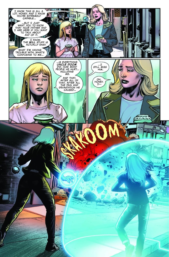 Invisible Woman protecting Valeria in The Will of Doom #1