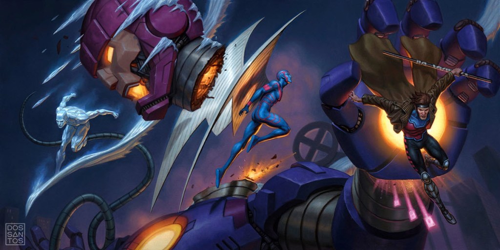 X-Men Iceman Archangel Gambit Fighting Sentinel by Dan dos Santos