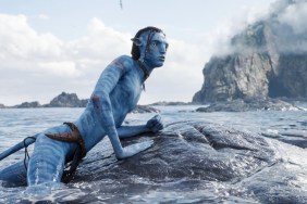 A Na'vi sits on a whale in Avatar: The Way of Water.