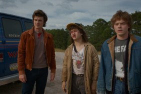 Three boys stand in a line in Stranger Things Season 5.
