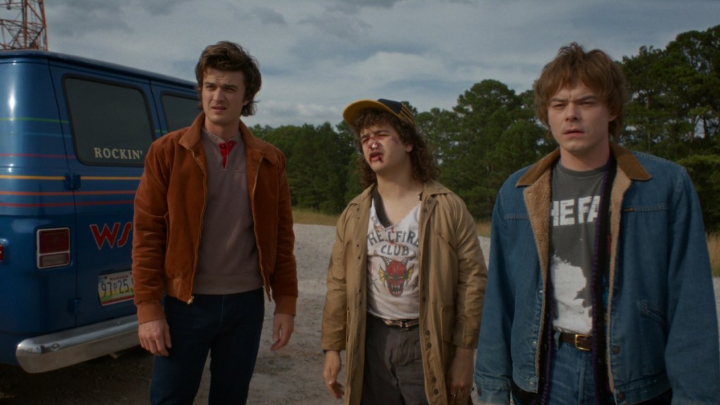 Three boys stand in a line in Stranger Things Season 5.