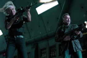 Linda Hamilton and Arnold Schwarzenegger shoot guns in Terminator: Dark Fate.