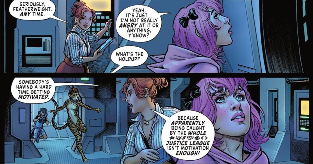 Featherweight explains limit of her super strength in Cheetah and Cheshire rob the Justice League #5