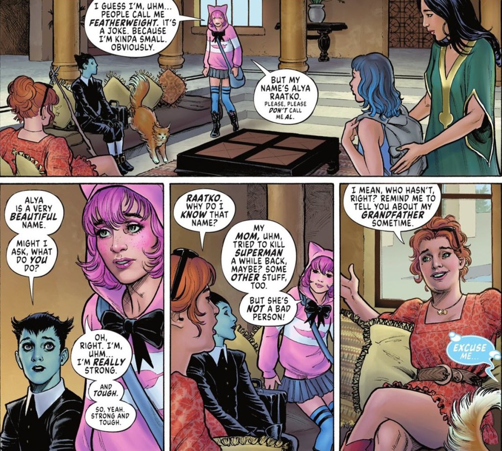 Featherweight introduces herself to the gang in Cheetah and Cheshire Rob the Justice League #3
