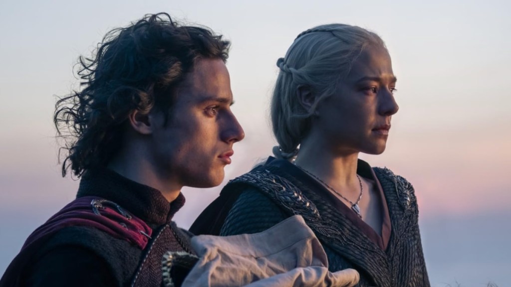 Two actors in House of the Dragon look off into the distance.