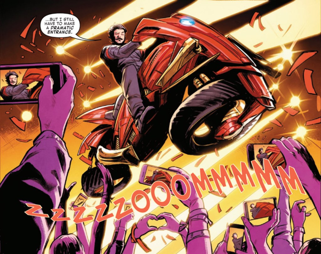 Tony Stark on flying motor-scooter armor in Iron Man #1