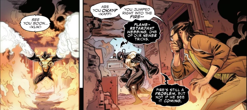 Venom demonstrates new flame retardant webbing in Venom #253