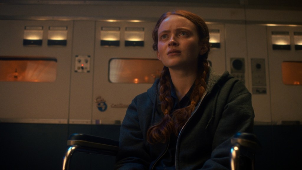 Sadie Sink sits in wheelchair in Stranger Things.
