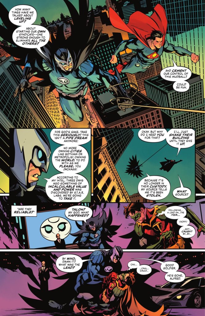 Talon dies in Owlman's arms in Batman Superman World's Finest #48