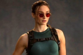 Sophie Turner as Lara Croft in Tomb Raider.