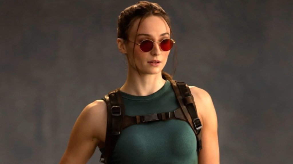Sophie Turner as Lara Croft in Tomb Raider.