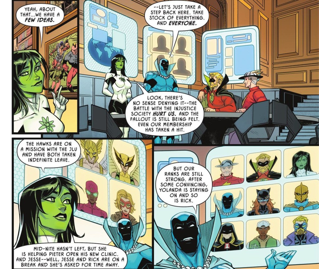 Jade, Obsidian, Flash and Green Lantern assess their membership in JSA #17